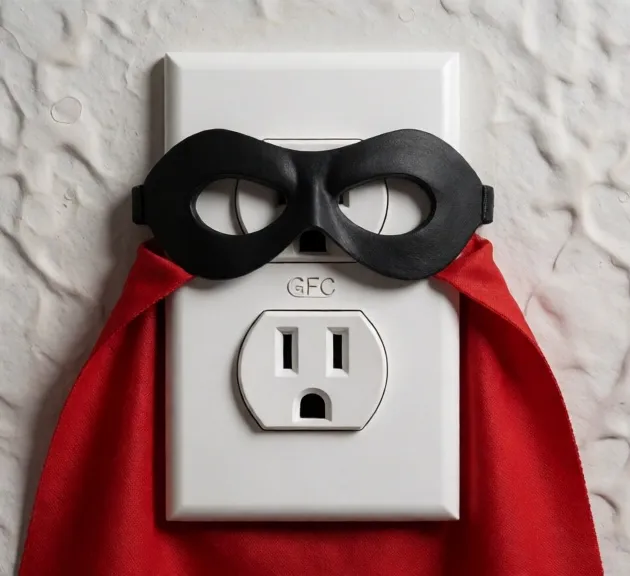 A GFCI outlet with a superhero