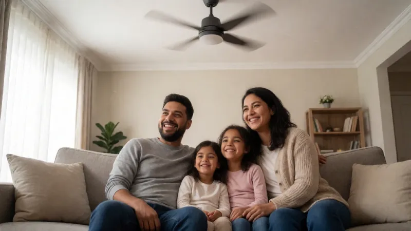 family enoying ceilinf fan happy